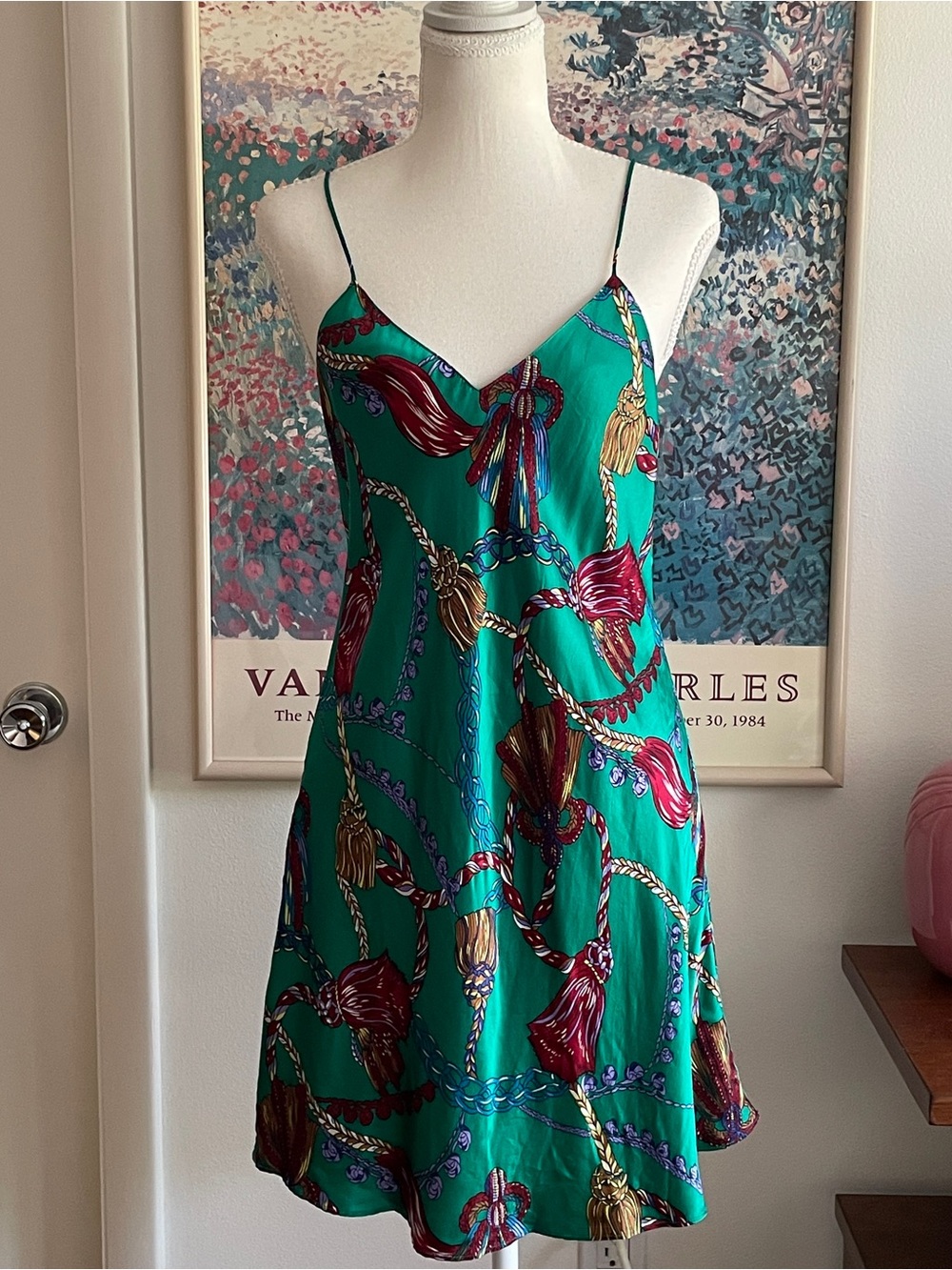 Victoria's Secret Vintage 100% Silk Slip Dress Green Tassel Print Coquette 90s